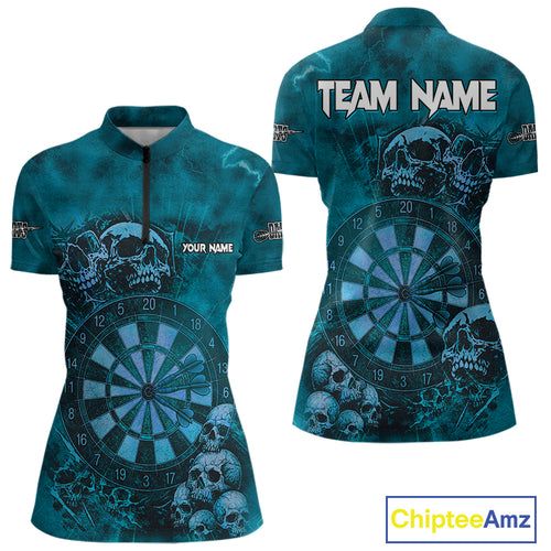 Custom Grunge Turquoise Dartboard Multi-Skull Dart Women Quarter-Zip Shirt Dart Team Jerseys NYN1623