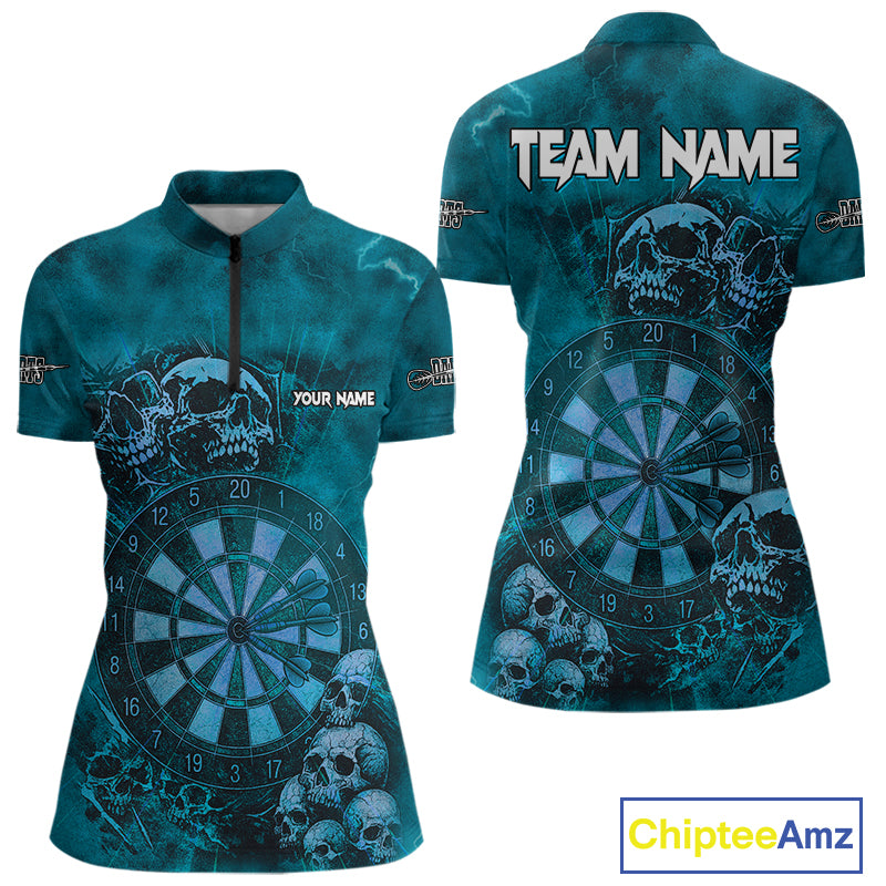 Custom Grunge Turquoise Dartboard Multi-Skull Dart Women Quarter-Zip Shirt Dart Team Jerseys NYN1623