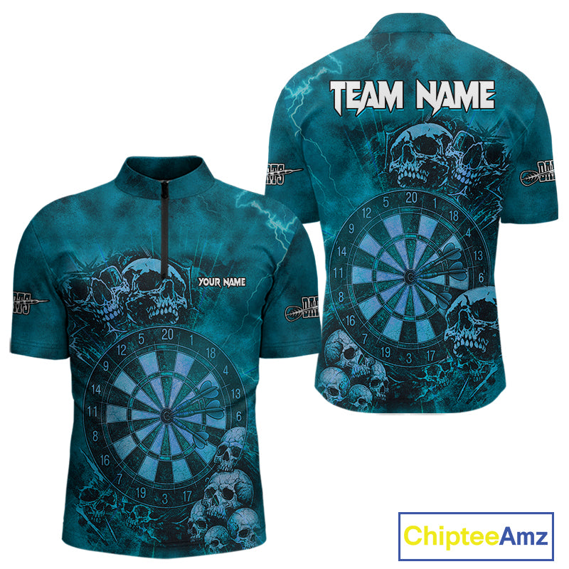 Custom Grunge Turquoise Dartboard Multi-Skull Dart Men Quarter-Zip Shirt Dart Team Jerseys NYN1623