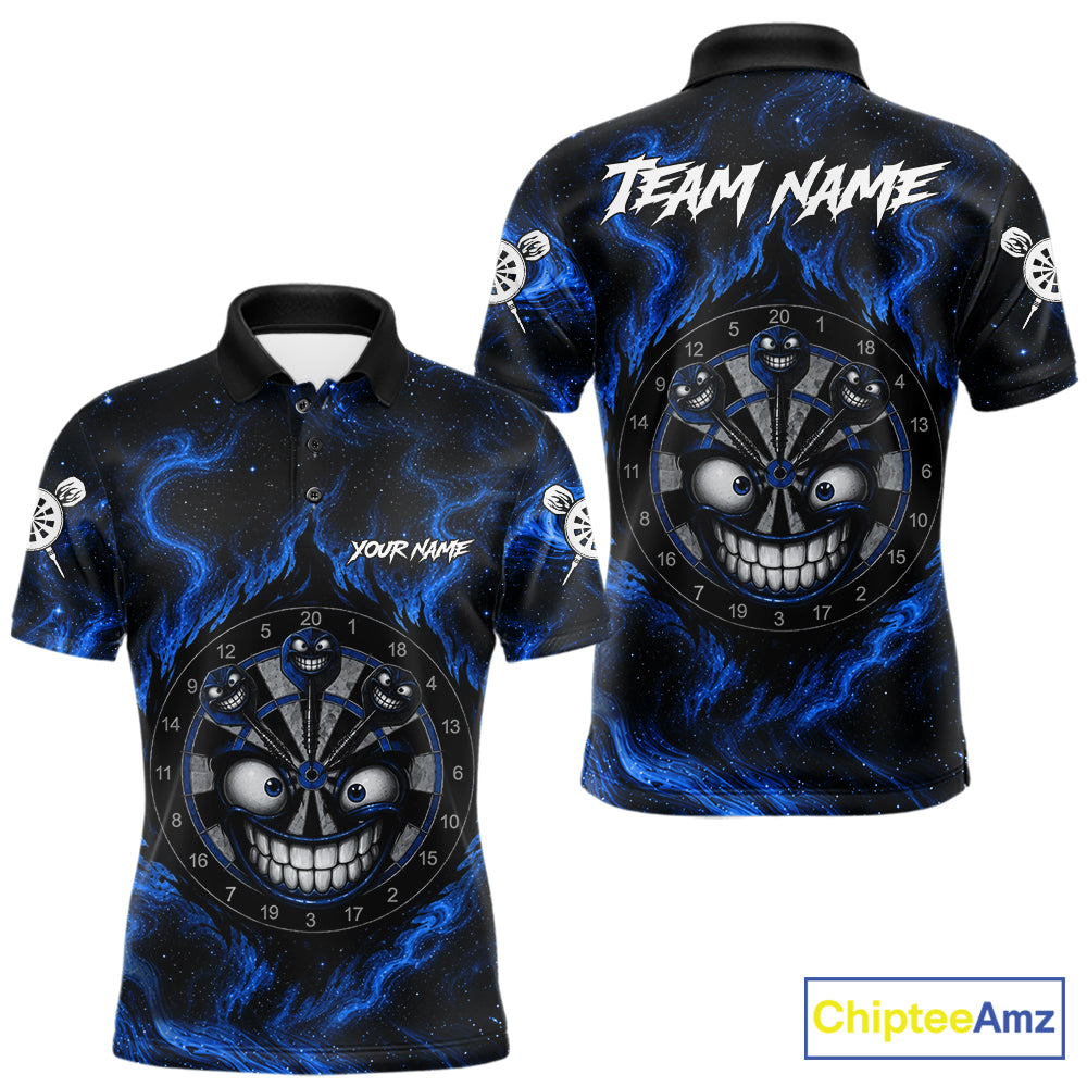 Men's funny smile dartboard black blue smoke dart polo shirt mockup custom dart jersey