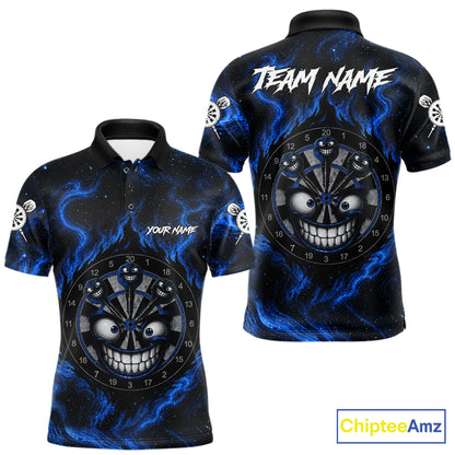 Men's funny smile dartboard black blue smoke dart polo shirt mockup custom dart jersey