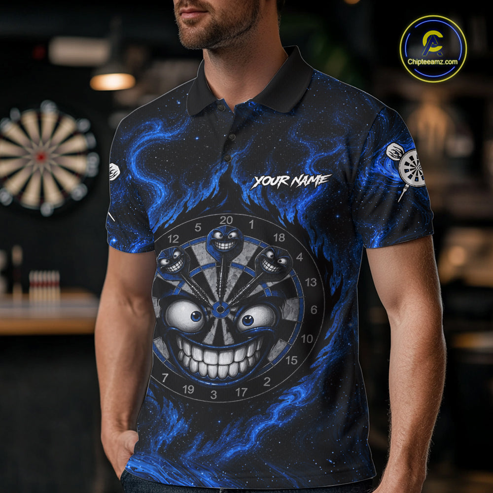 Man wearing funny smile dartboard blue smoke dart shirt tournament apparel