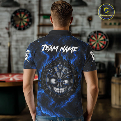 Man wearing funny smile dartboard blue smoke dart shirt tournament apparel