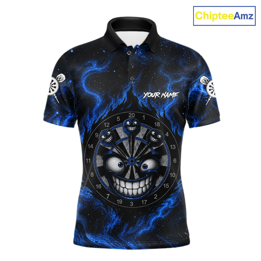 Men's funny smile dartboard black blue smoke dart polo shirt mockup custom dart jersey