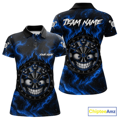 Women's funny smile dartboard black blue smoke dart polo shirt mockup custom dart jersey