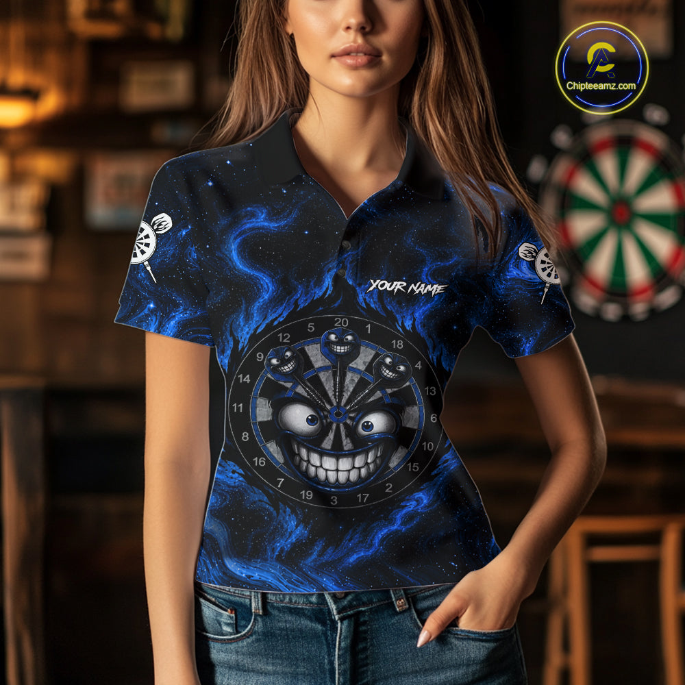 Woman wearing funny smile dartboard blue smoke dart shirt tournament apparel