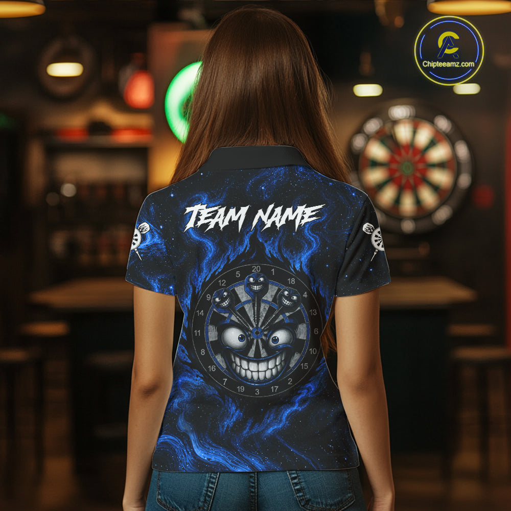Woman wearing funny smile dartboard blue smoke dart shirt tournament apparel