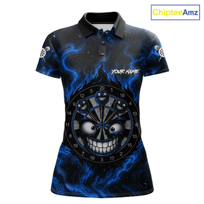 Women's funny smile dartboard black blue smoke dart polo shirt mockup custom dart jersey