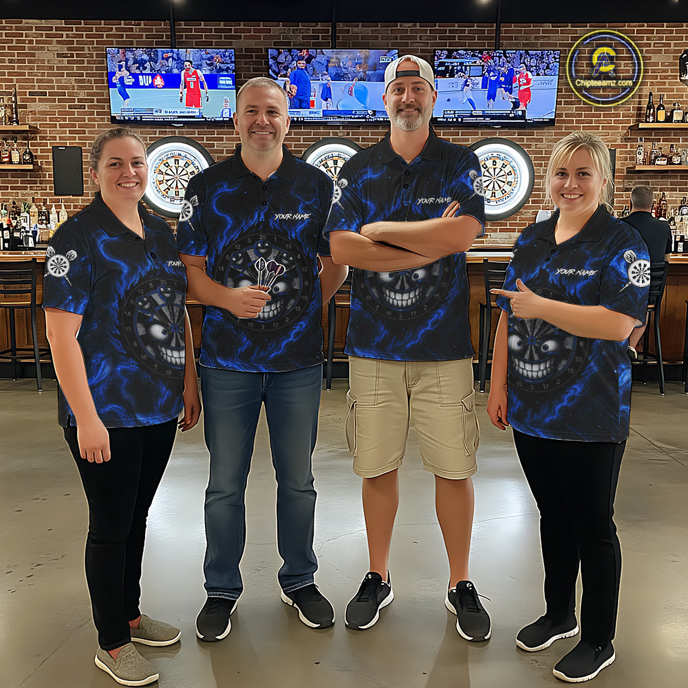 Men's dart team wearing smile dartboard blue smoke dart jerseys custom uniforms