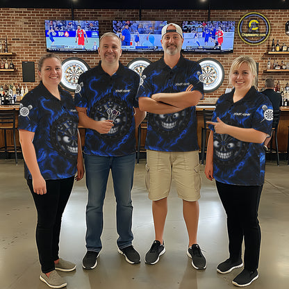 Men's dart team wearing smile dartboard blue smoke dart jerseys custom uniforms