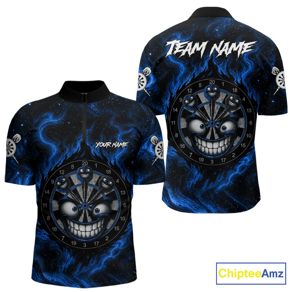 Men's funny smile dartboard black blue smoke dart quarter zip shirt mockup