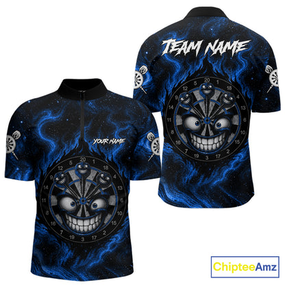 Men's funny smile dartboard black blue smoke dart quarter zip shirt mockup