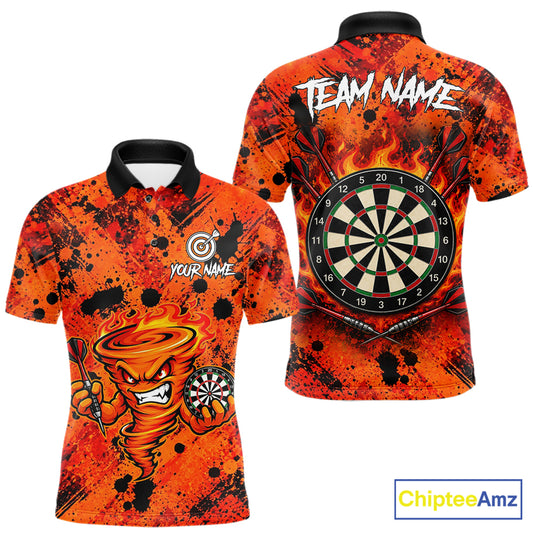 Men's fire flame tornado dart polo shirt mockup orange splatter dart jersey