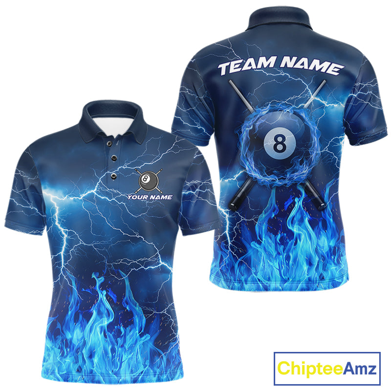 Thunder Blue Flames 8 Ball Pool Billiard Shirt For Men Custom Polo & 1/4 Zip Team Tournament Jersey  NYN3782