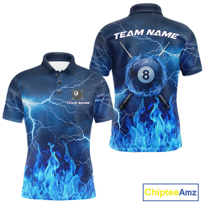 Thunder Blue Flames 8 Ball Pool Billiard Shirt For Men Custom Polo & 1/4 Zip Team Tournament Jersey  NYN3782