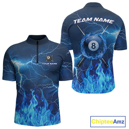 Thunder Blue Flames 8 Ball Pool Billiard Shirt For Men Custom Polo & 1/4 Zip Team Tournament Jersey  NYN3782