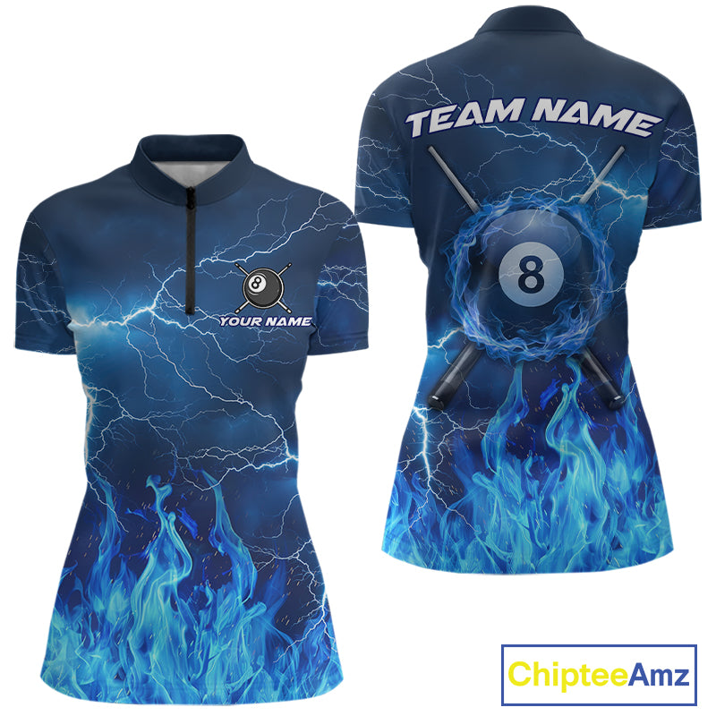 Thunder Blue Flames 8 Ball Pool Billiard Shirt Women Men Custom Polo & 1/4 Zip Team Tournament Jersey NYN3782