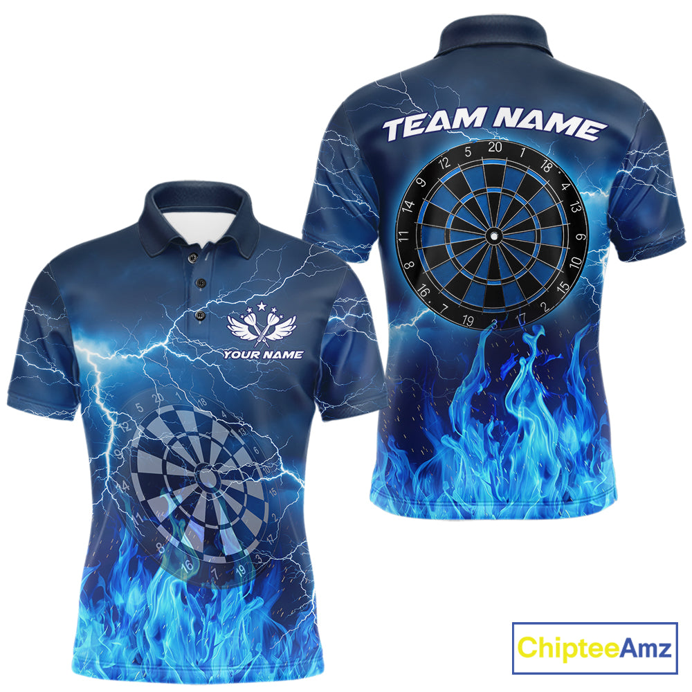Thunder Blue Flames Dartboard Men's Darts Polo Shirt, Custom Team Jersey, Personalized League Uniform, Blue Fire Dartboard Performance Shirt, Tournament Apparel, Sports Bar League, Gift For Dart Players, Precision, Power & Competitive Spirit