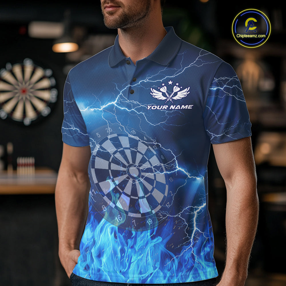Male model wearing Thunder Blue Flames personalized darts polo shirt at dart league tournament, custom performance jersey, sports pub competition apparel, precision, teamwork, championship mindset