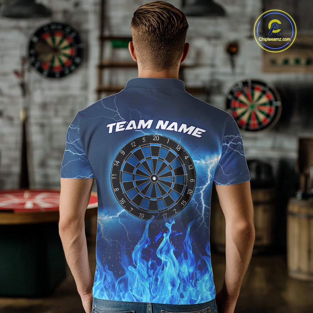 Male model wearing Thunder Blue Flames personalized darts polo shirt at dart league tournament, custom performance jersey, sports pub competition apparel, precision, teamwork, championship mindset