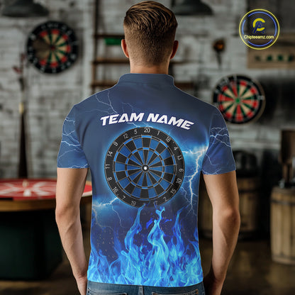 Male model wearing Thunder Blue Flames personalized darts polo shirt at dart league tournament, custom performance jersey, sports pub competition apparel, precision, teamwork, championship mindset