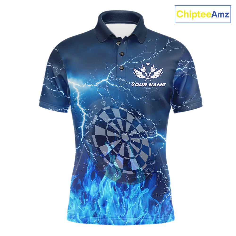 Thunder Blue Flames Dartboard Men's Darts Polo Shirt, Custom Team Jersey, Personalized League Uniform, Blue Fire Dartboard Performance Shirt, Tournament Apparel, Sports Bar League, Gift For Dart Players, Precision, Power & Competitive Spirit