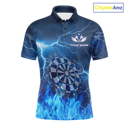 Thunder Blue Flames Dartboard Men's Darts Polo Shirt, Custom Team Jersey, Personalized League Uniform, Blue Fire Dartboard Performance Shirt, Tournament Apparel, Sports Bar League, Gift For Dart Players, Precision, Power & Competitive Spirit