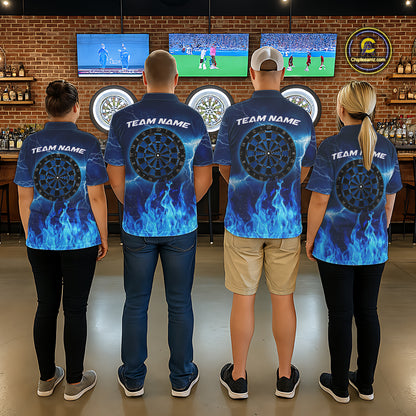 Mixed darts team wearing matching Thunder Blue Flames custom polo and quarter-zip jerseys, personalized league uniforms, tournament apparel, sports bar championship, teamwork, unity, competitive excellence