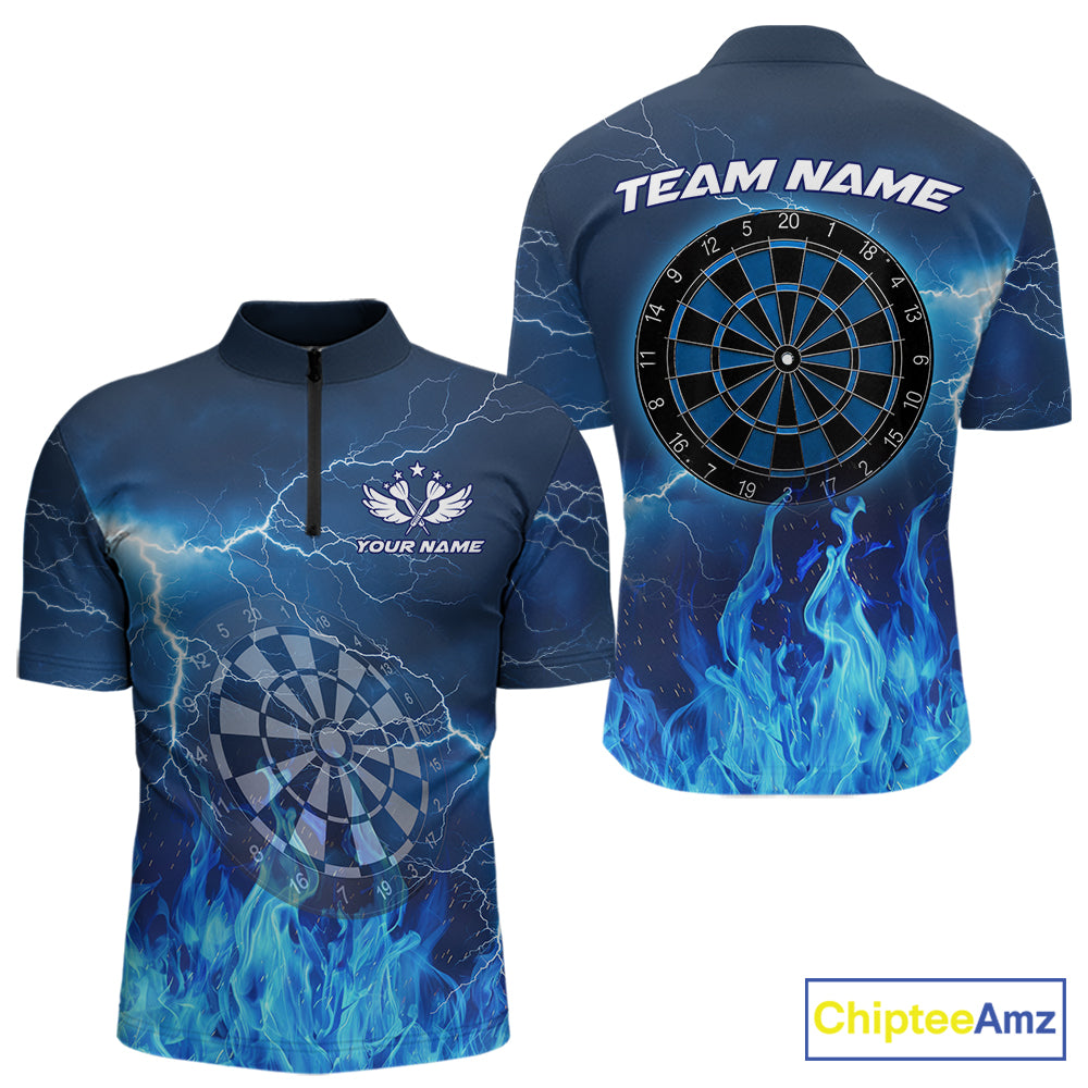 Thunder Blue Flames Men's Quarter-Zip Darts Shirt, Personalized Team Tournament Jersey, Athletic Performance Top, Blue Fire Dartboard Graphic, Dart League Apparel, Precision, Focus, Victory Symbol