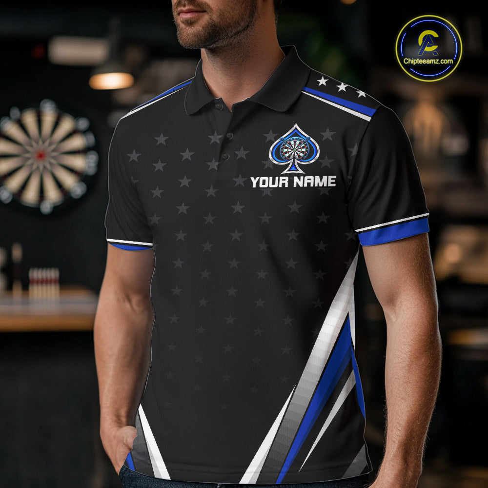 Custom Ace Of Spades Darts Polo 1/4-Zip Shirt For Men Custom Black And Blue Stars Darts Team Uniform NYN4473