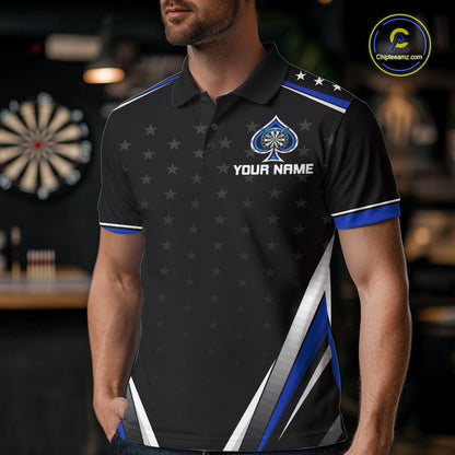 Custom Ace Of Spades Darts Polo 1/4-Zip Shirt For Men Custom Black And Blue Stars Darts Team Uniform NYN4473