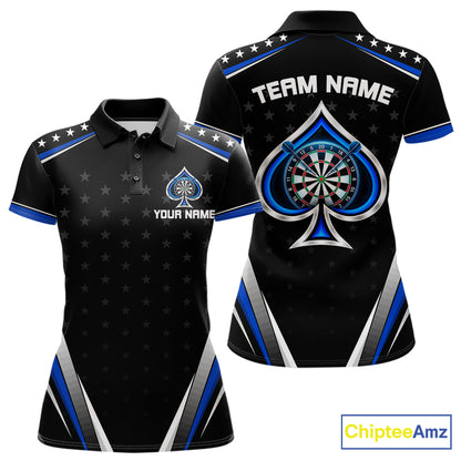 Custom Ace Of Spades Darts Polo 1/4-Zip Shirt For Women Custom Black And Blue Stars Darts Team Uniform NYN4473