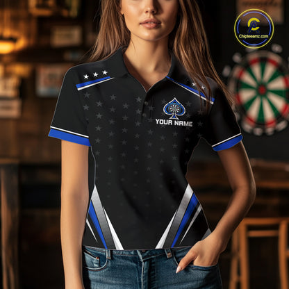 Custom Ace Of Spades Darts Polo 1/4-Zip Shirt For Women Custom Black And Blue Stars Darts Team Uniform NYN4473