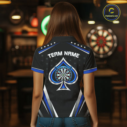 Custom Ace Of Spades Darts Polo 1/4-Zip Shirt For Women Custom Black And Blue Stars Darts Team Uniform NYN4473