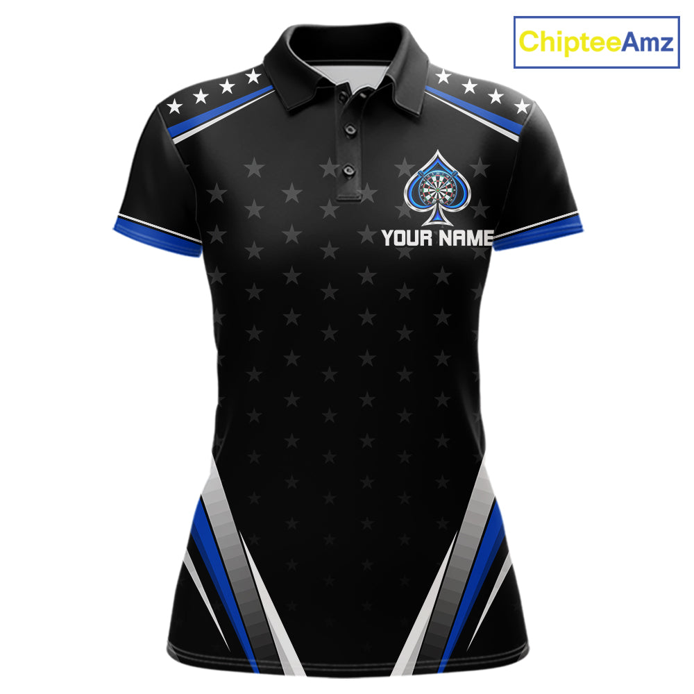 Custom Ace Of Spades Darts Polo 1/4-Zip Shirt For Women Custom Black And Blue Stars Darts Team Uniform NYN4473