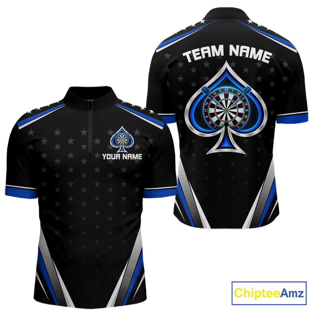 Custom Ace Of Spades Darts Polo 1/4-Zip Shirt For Men Custom Black And Blue Stars Darts Team Uniform NYN4473