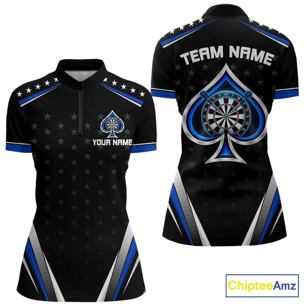 Custom Ace Of Spades Darts Polo 1/4-Zip Shirt For Women Custom Black And Blue Stars Darts Team Uniform NYN4473
