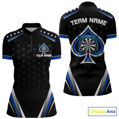Custom Ace Of Spades Darts Polo 1/4-Zip Shirt For Women Custom Black And Blue Stars Darts Team Uniform NYN4473