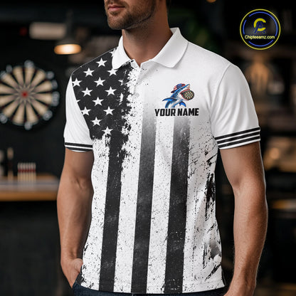 Custom Name American Flag Grunge Shark Dart Team Jersey Patriotic Funny Darts Shirt For Men NYN4477