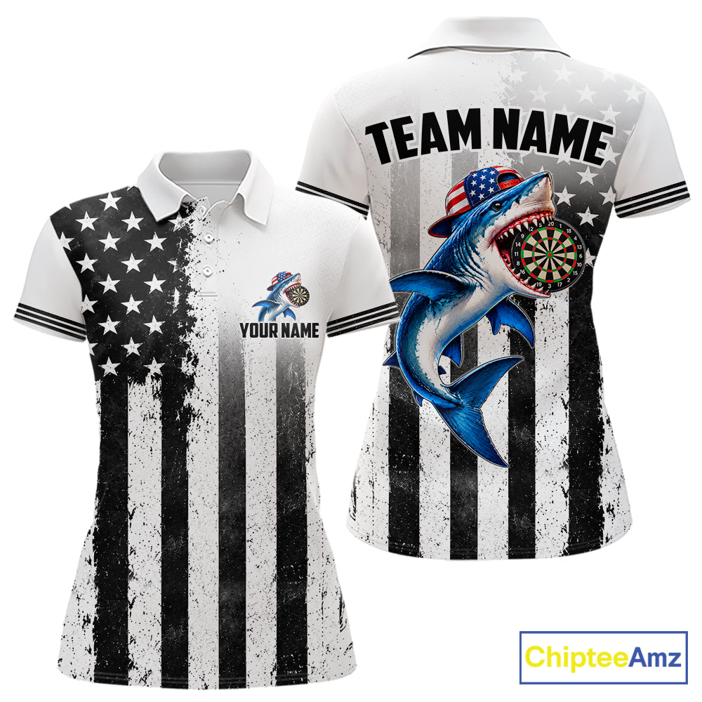 Custom Name American Flag Grunge Shark Dart Team Jersey Patriotic Funny Darts Shirt For Women NYN4477
