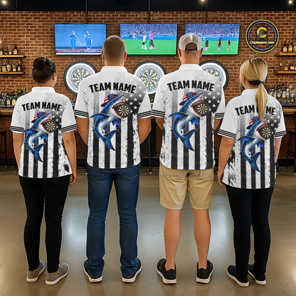 Custom Name American Flag Grunge Shark Dart Team Jersey Patriotic Funny Darts Shirt For Women NYN4477