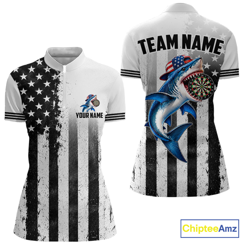 Custom Name American Flag Grunge Shark Dart Team Jersey Patriotic Funny Darts Shirt For Women NYN4477