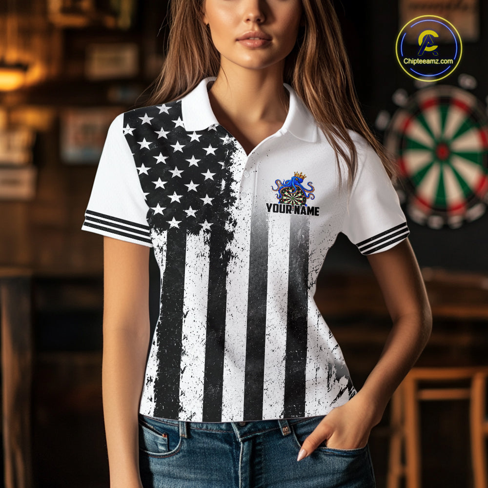 Custom Name American Flag Grunge Octopus Dart Team Jersey Patriotic Funny Darts Shirt For Women NYN4478