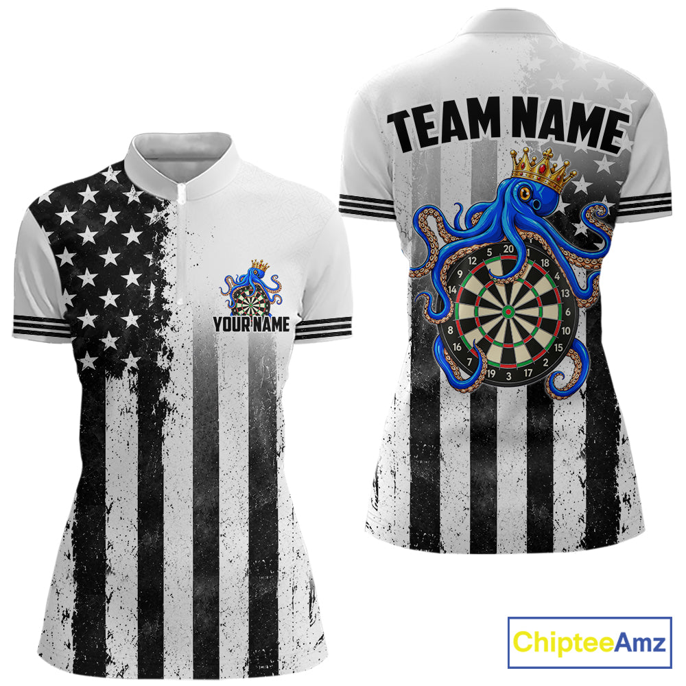 Custom Name American Flag Grunge Octopus Dart Team Jersey Patriotic Funny Darts Shirt For Women NYN4478