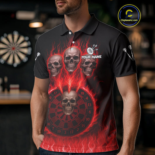 Custom Red Flames Dartboard Horror Multi Skull Dart Men Polo Jerseys Outfits Dart Shirt NYN1679