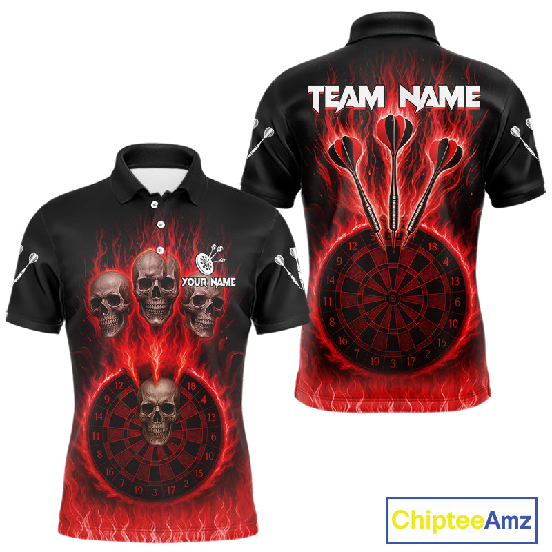 Custom Red Flames Dartboard Horror Multi Skull Dart Men Polo Jerseys Outfits Dart Shirt NYN1679