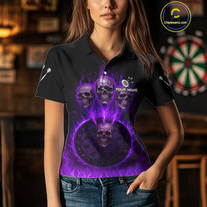 Custom Purple Flames Dartboard Horror Multi Skull Dart Women Polo Jerseys Outfits Dart Shirt NYN1680