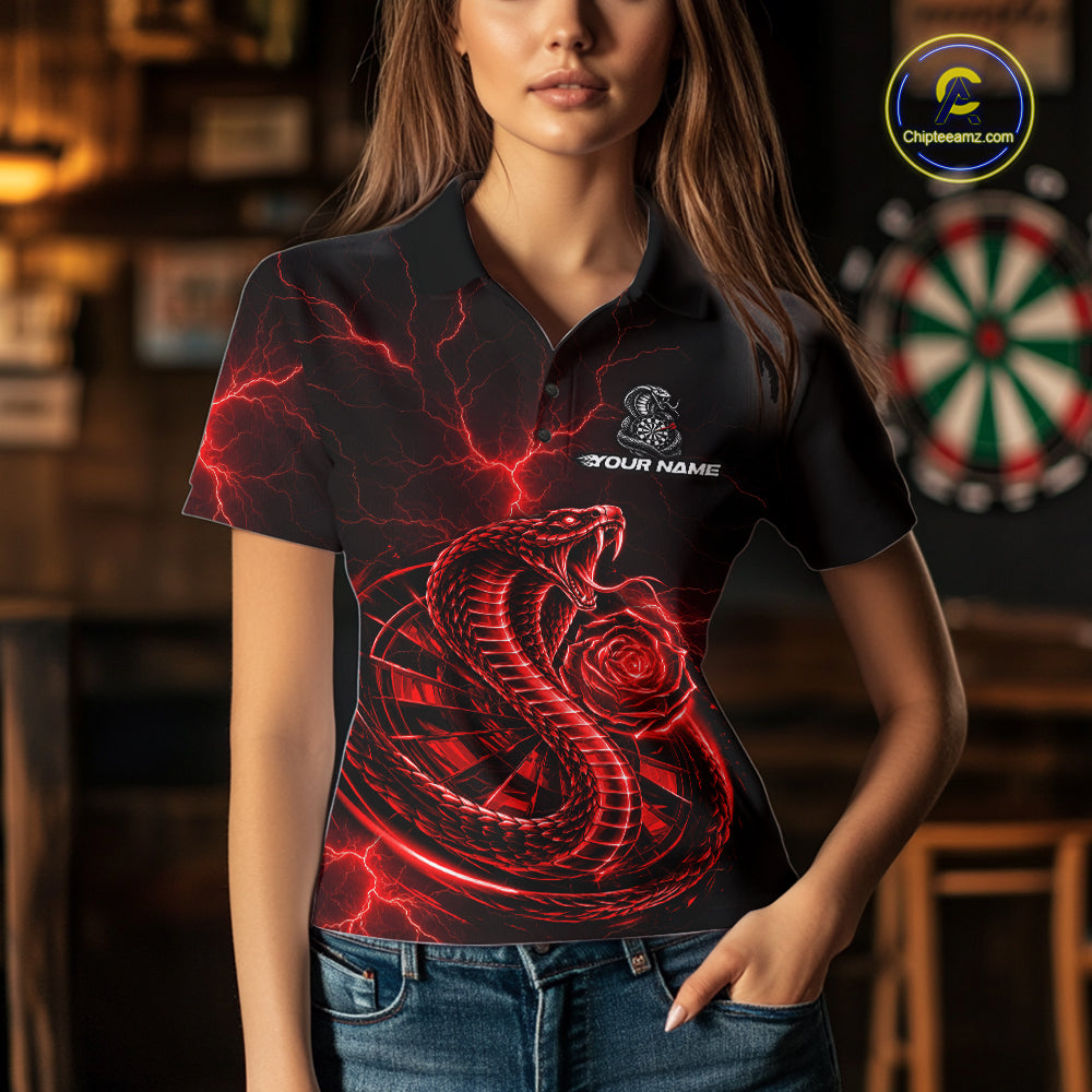 Rose Cobra Dartboard Polo 1/4-Zip Shirt For Women Personalized Red Neon Lightning Darts Team Jersey NYN4842