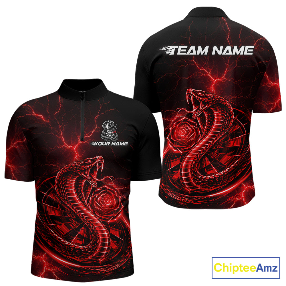 Rose Cobra Dartboard Polo 1/4-Zip Shirt For Men Personalized Red Neon Lightning Darts Team Jersey NYN4842