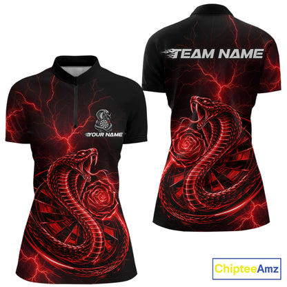 Rose Cobra Dartboard Polo 1/4-Zip Shirt For Women Personalized Red Neon Lightning Darts Team Jersey NYN4842